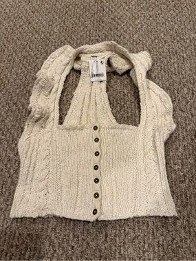 Free People Cream Knit Button-Front Crop Halter Top NWT
